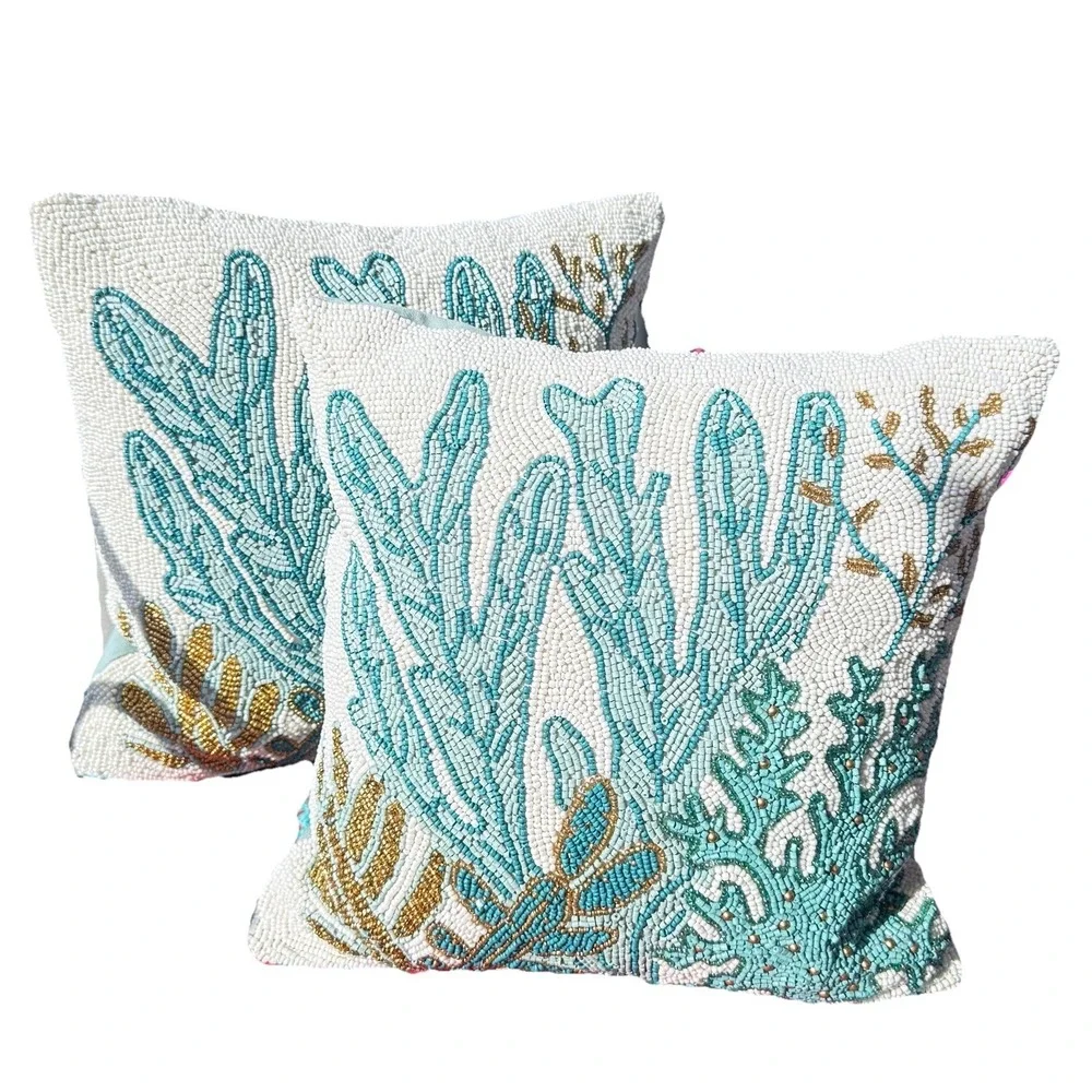 Two Coastal Coral Beaded Jeweled Throw Pillows Pair 12x12 Blue Green Pier 1